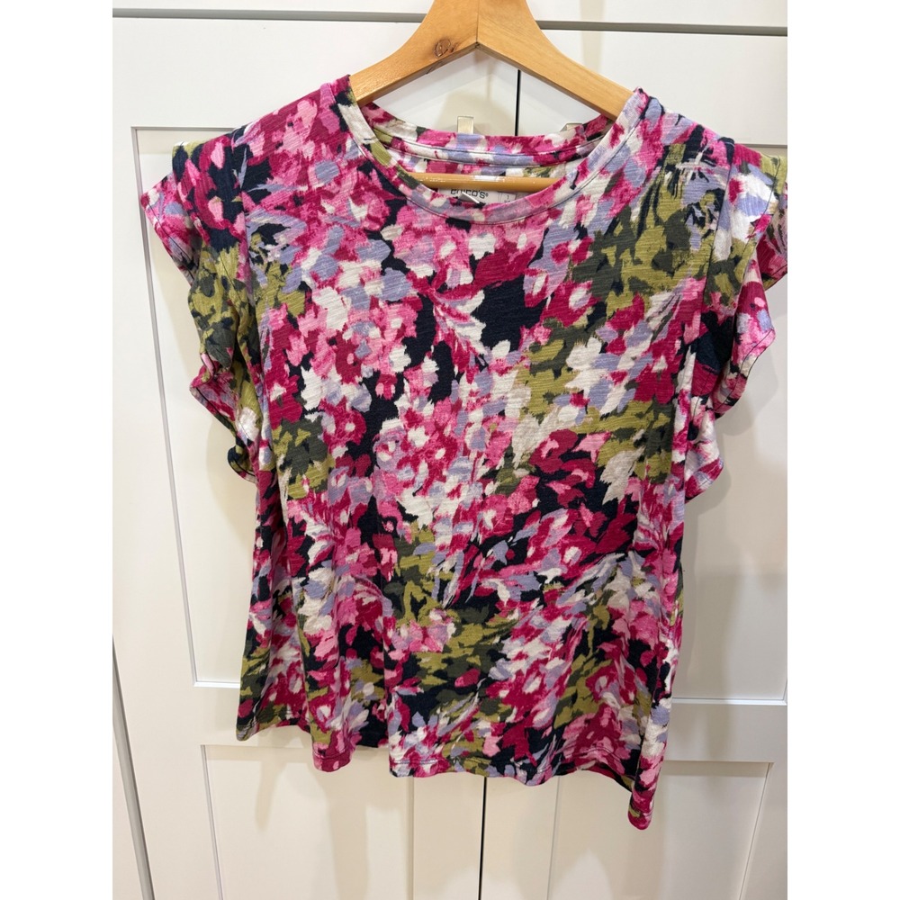 Chicos Floral Flutter Sleeve Knit Top Pink Purple Green Size 1 M 806306
